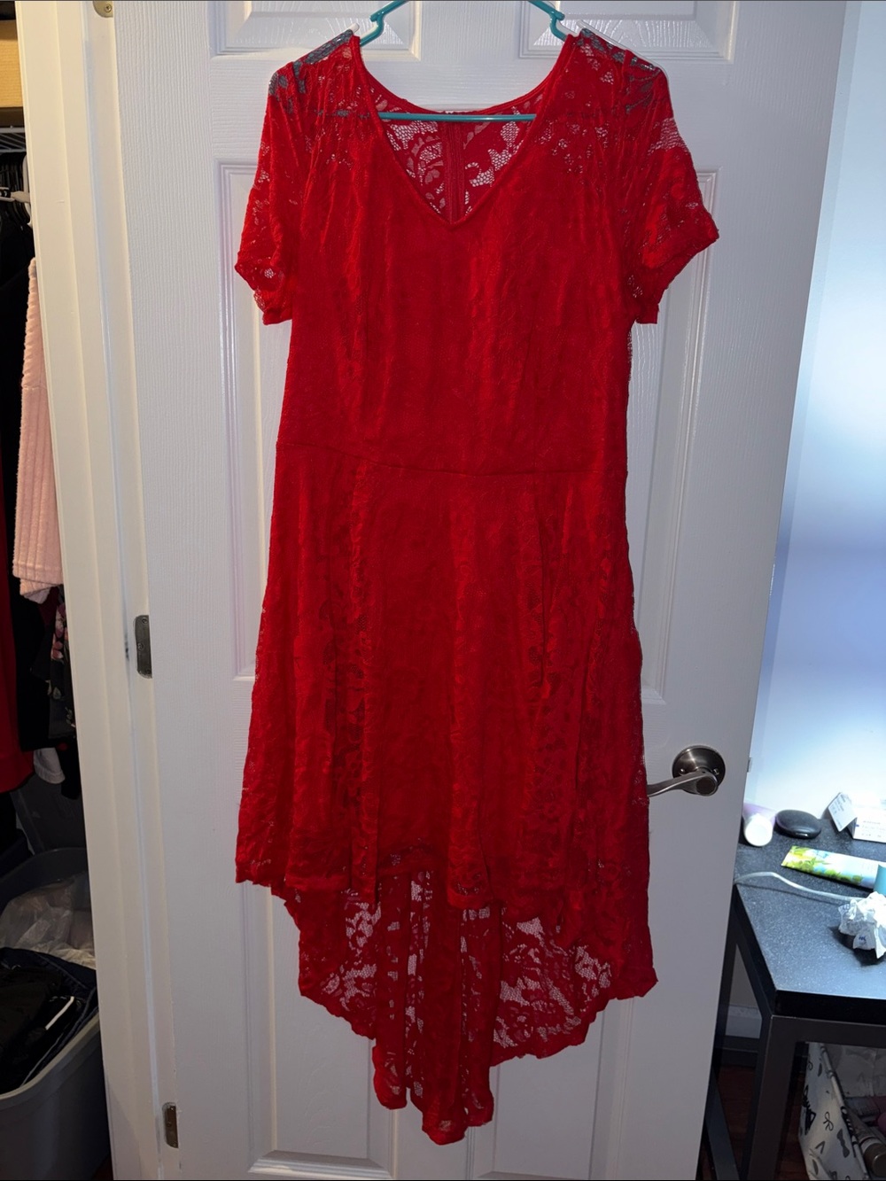 Red Lace Hi-Low Dress - Elegant Women's Dress
